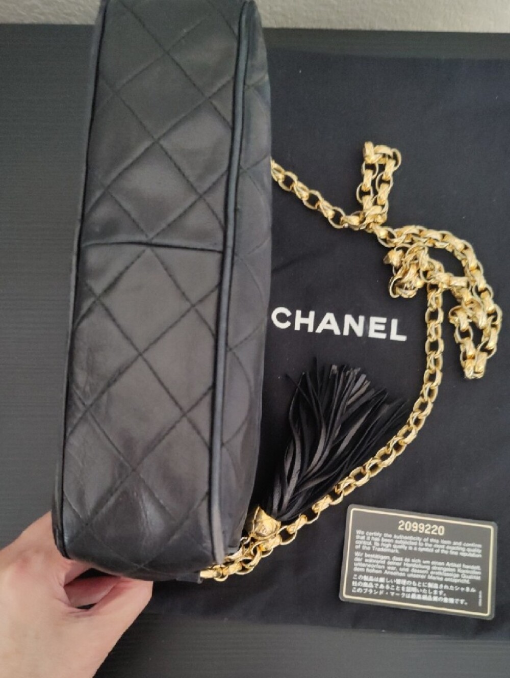Authentic CHANEL Black Quilted Leather Shoulder Bag with Gold Chain and Tassel - Picture 4 of 12